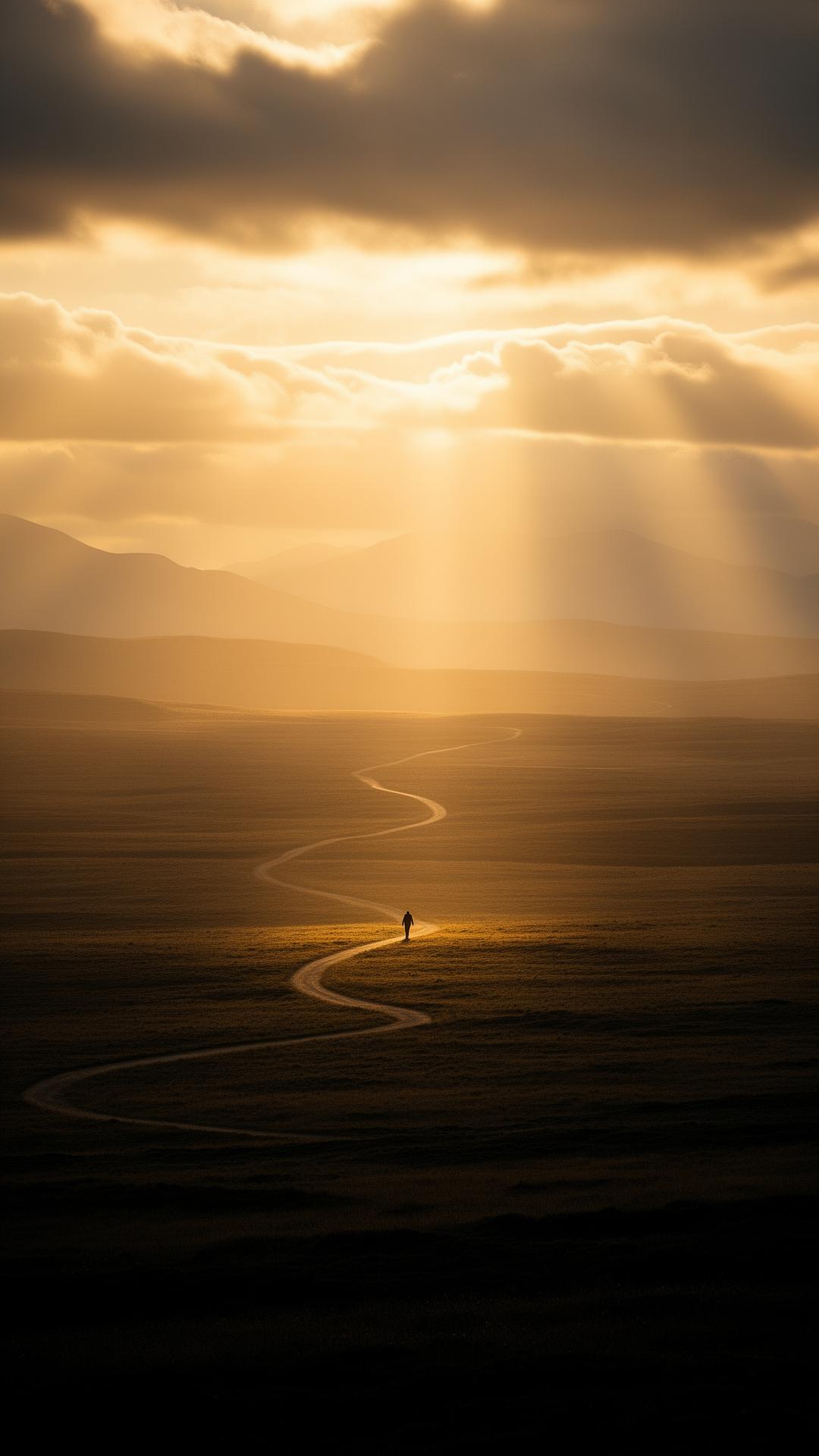 Distant figure walking a winding path toward golden light on a vast horizon